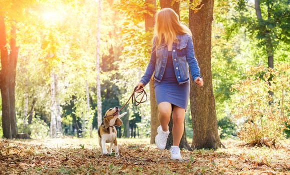 Beautiful young girl running with beagle dog in autumn park