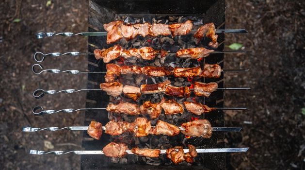 Closeup view on brazier and the skewer with barbecue delicious grilled meat outdoors from above. Pork steaks preparing with smoke during picnic at the nature. Hot BBQ view
