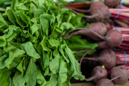 Close-up of fresh small beetroot and bright green kind of greens.