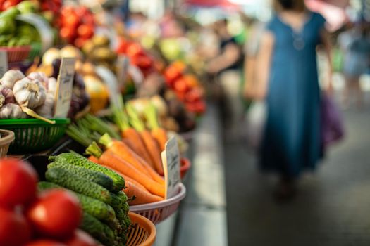 Close up of colorful array of vegetables at a fresh food market. Market and trade concept