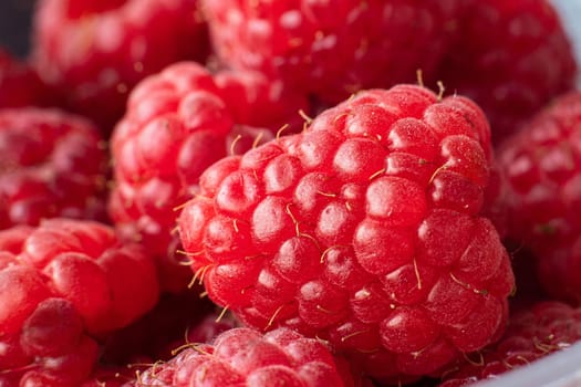 Macro photo of appetizing raspberries. Texture background ripe pink raspberry berry