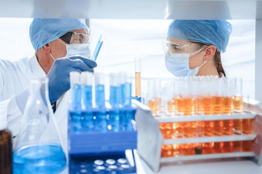 close up. scientists with test tubes in a biochemical laboratory . science and health.