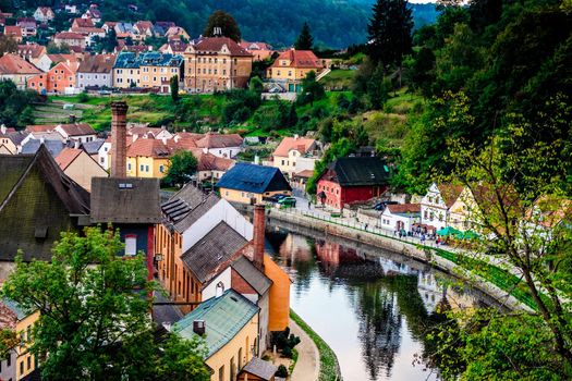 Beautiful old buildings on the river bay of Cesky Krumlov