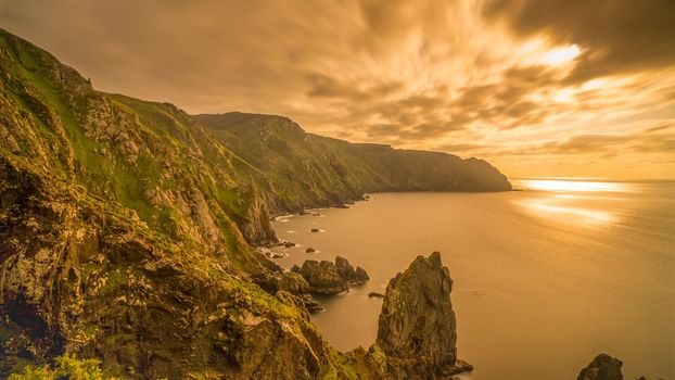Panoramic view of cliffs near Cabo Ortegal in Galicia, Spain. Long Exposure.