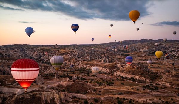 Top view of hot air balloon festival in Cappadocia, Turkey