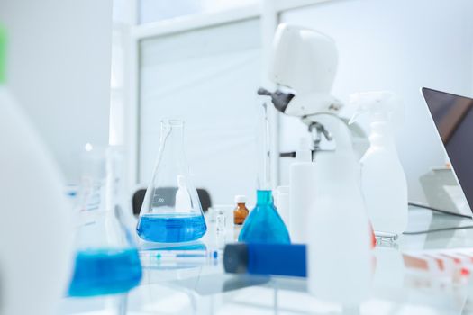 close up. microscope on a table in a modern laboratory. photo with a copy space.