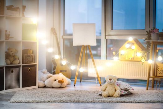 Night illumination in empty kids room interior