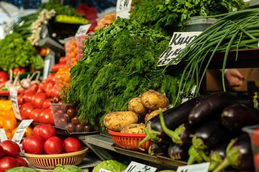 Close up of colorful array of vegetables at a fresh food market. Market and trade concept