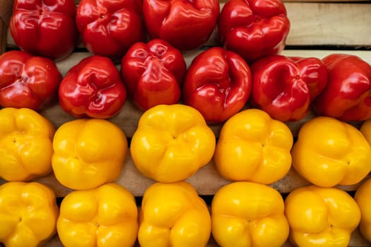 Beautiful photo of yellow and red red peppers isolated on wooden background.