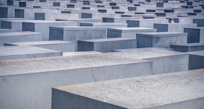 Berlin, Germany - 20 September 2019: Concrete slabs of Berlin Holocaust Memorial, Germany