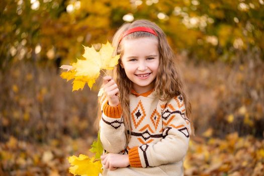 Smiling little girl with autumn leaves in park