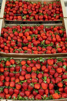 Picture of sweet, tasty, red and fresh strawberries lying in wooden boxes in the store