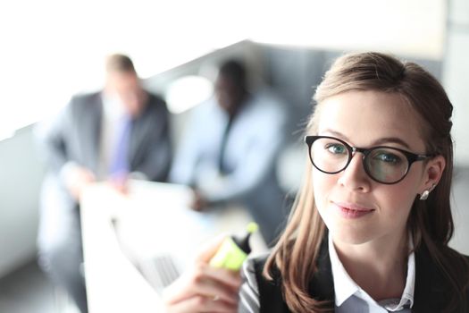 Giving presentation executive businesswoman pointing