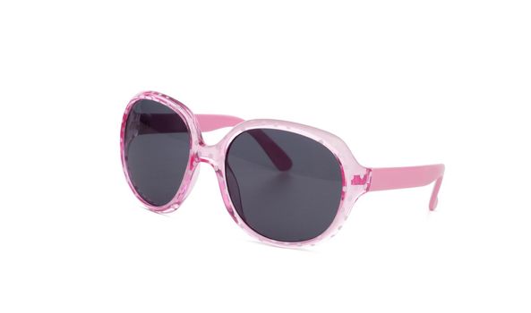 Sunglasses in pink plastic frame sideways isolated on white background