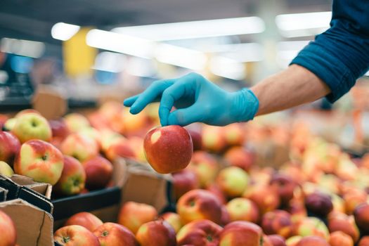background image of a man in protective gloves picking apples. photo with a copy of the space