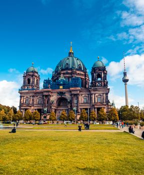 Berlin, Germany - 19 September 2019: Majestic Berlin Cathedral under clear blue sky in Germany