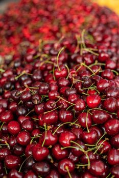 Close upu picture of a lot of burgundy, red cherries sold on the market. Fruit market .