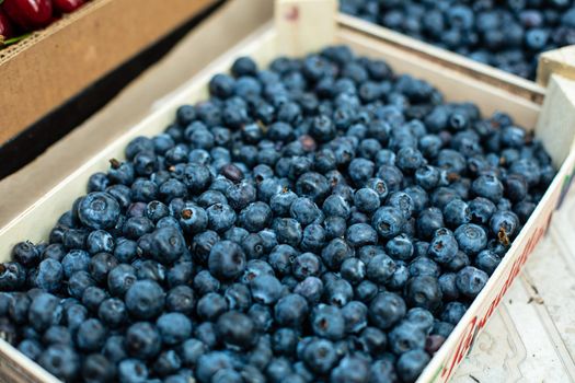 Picture of sweet, tasty and fresh blueberries lying in wooden boxes in the store.