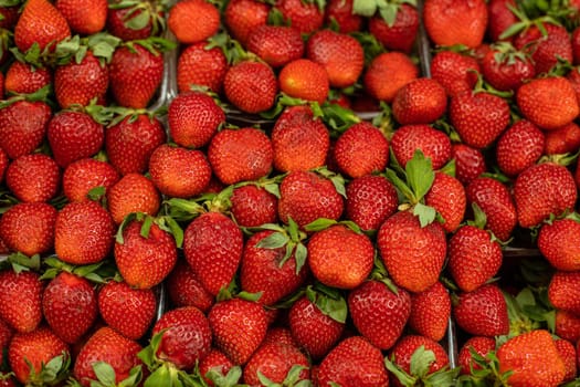 Close up of delicious fresh red strawberries for sale at a fruit stall. Ripe strawberries background