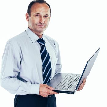 closeup of businessman in shirt and tie holding a notebook. photo on a white background and has an empty space for your text