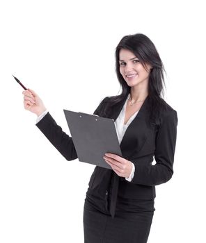 business woman with clipboard pointing to copy space.isolated on white background