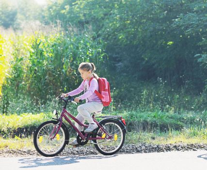 schoolgirl traveling to school on bicycle at early morning on beautiful nature