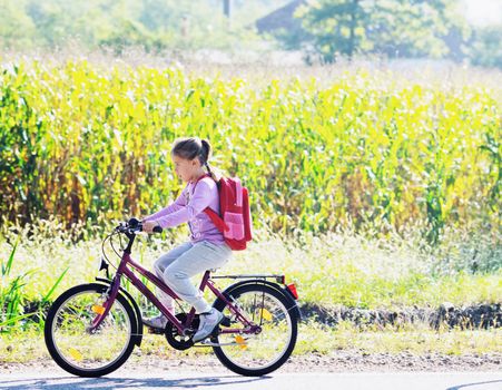 schoolgirl traveling to school on bicycle at early morning on beautiful nature