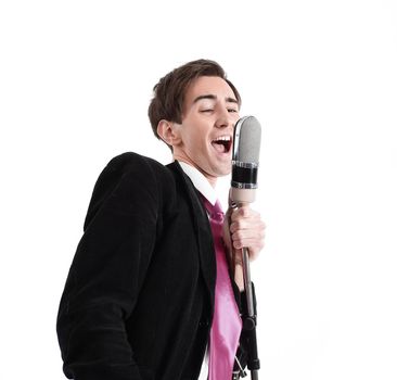 stylish guy with a microphone singing jazz .isolated on a white