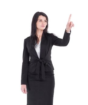 smiling business woman pointing at white space. isolated on white background