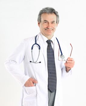 Portrait of mature medical doctor with white coat and stethoscope on isolated background.