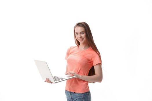 attentive girl student with laptop.isolated on white background.