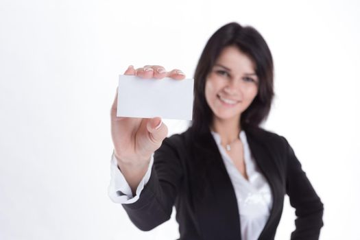 Business woman showing her blank business card. isolated on white background