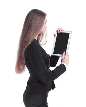 side view. successful business woman with digital tablet. isolated on white background.