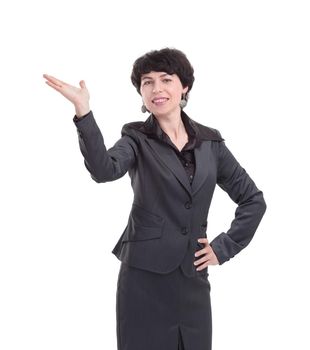 businesswoman is holding something virtual in her palm.isolated on white background
