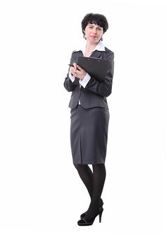 young business woman studying a business document. isolated on white background