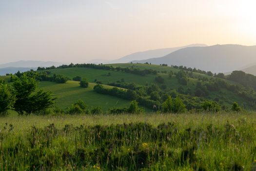 landscape of  summer nature in sunset in mountains and hills on countryside abstract lines and curves background