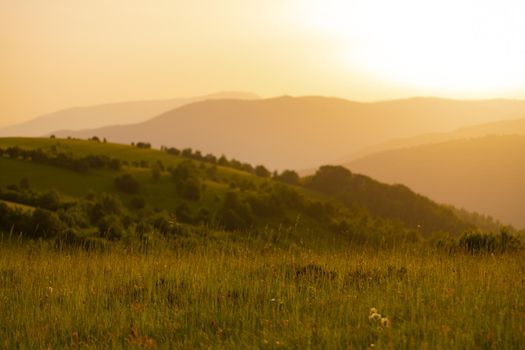 landscape of  summer nature in sunset in mountains and hills on countryside abstract lines and curves background