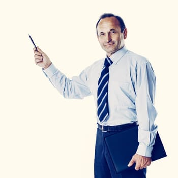 successful businessman with documents in hand on a white background shows handle on your text