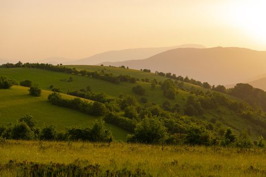 landscape of  summer nature in sunset in mountains and hills on countryside abstract lines and curves background