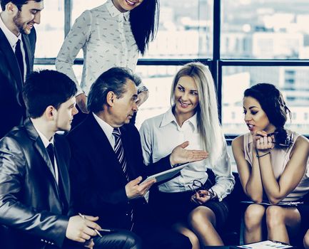 A group of businessmen discussing the policy of the company in the office.