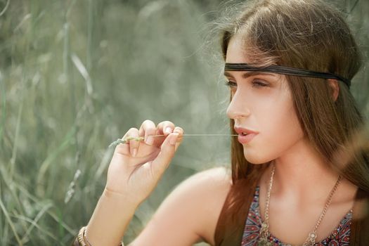 close up. portrait of beautiful hippie girl . the concept of unity with nature