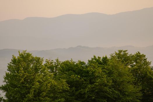 landscape of  summer nature in sunset in mountains and hills on countryside abstract lines and curves background