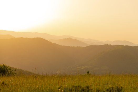 landscape of  summer nature in sunset in mountains and hills on countryside abstract lines and curves background