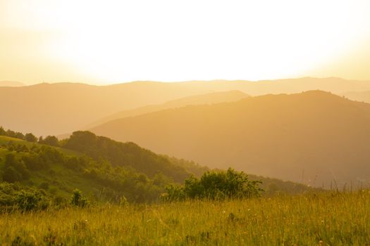 landscape of  summer nature in sunset in mountains and hills on countryside abstract lines and curves background