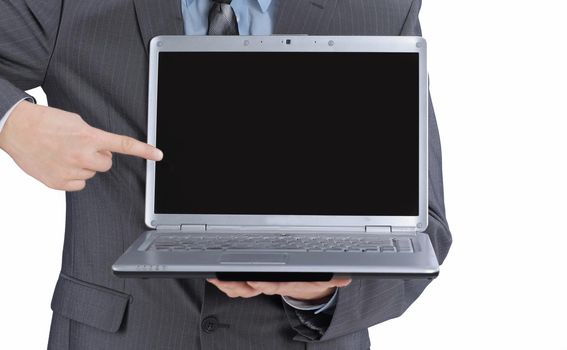 Manager showing open laptop .isolated on white background