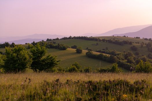 landscape of  summer nature in sunset in mountains and hills on countryside abstract lines and curves background