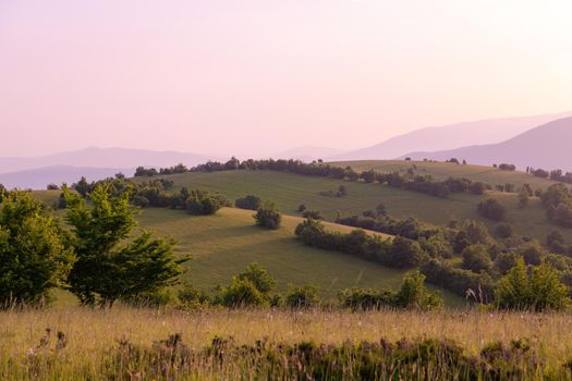 landscape of  summer nature in sunset in mountains and hills on countryside abstract lines and curves background