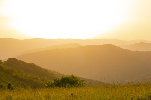 landscape of  summer nature in sunset in mountains and hills on countryside abstract lines and curves background