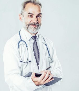 therapist with a stethoscope on light background. the photo has a empty space for your text