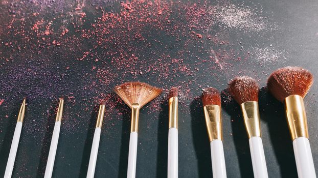 set of different professional women's cosmetic makeup brushes.photo with copy space